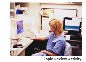 Photo of a person working at a nurses station with the text ‘Topic Review Activity’ underneath