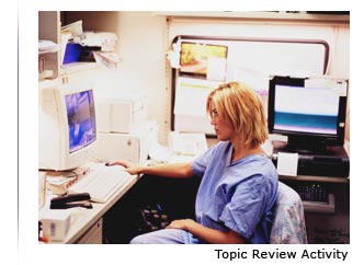 Photo of a person working at a nurses station with the text ‘Topic Review Activity’ underneath