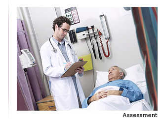 health care worker assessing the skin of a patient with the text ‘Assessment’ underneath 