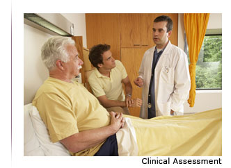  A picture of a health professional working beside a patient’s bed with the text ‘Clinical Assessment’ underneath