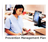 Photo of a person working at a desk with the text ‘Prevention Management Plan’ underneath